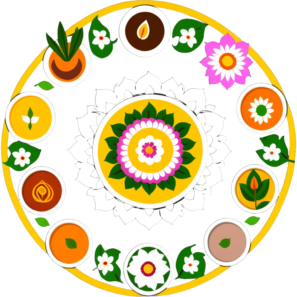 Onam celebration with pookalam flower rangoli and traditional malayali sadhya meal emoji