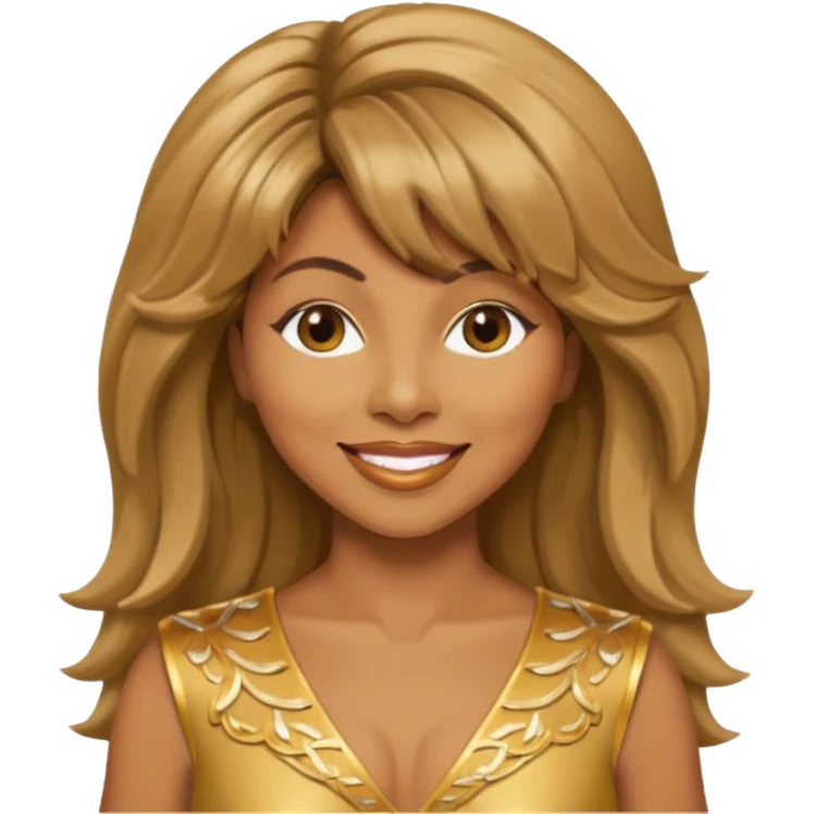 Tina Turner with long light brown hair, gold outfit emoji
