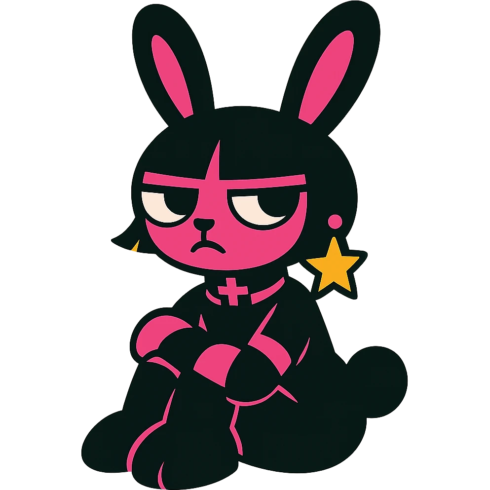 Replace the fishnet gloves with a choker with a cross, keep gothic bunny, black and pink colors, vibrant toon style, no background. emoji