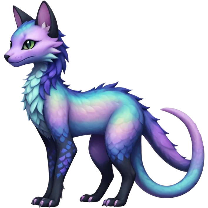 Kawaii black pastel iridescent beautiful pretty elegant divine edgy fantasy feline-vernid-sergal-fursona animal creature with a tufted tail full body with intricate markings  emoji