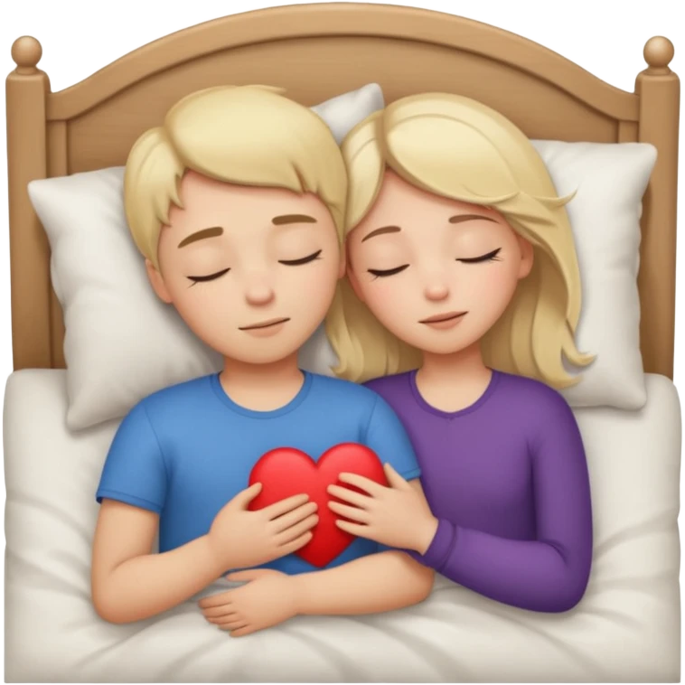 cuddling in bed, asleep. blonde girl. brunette boy. eyes closed. heart between them. emoji