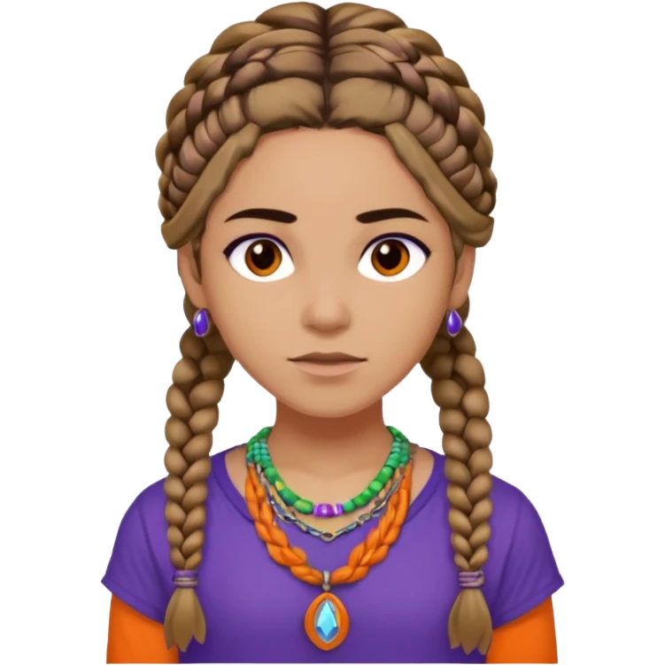 Black Annabeth Chase her head full of braids all over brow hair and a orange shirt that says CHB and with a purple orange green and blue and white beaded necklace only one necklace no earrings emoji