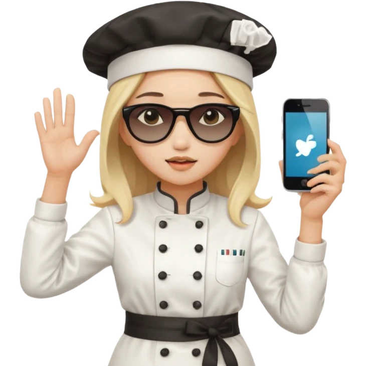 ["A sad woman with light skin, straight hair, wearing a chef hat and sunglasses, dressed in K-pop fashion, is dancing while holding a phone."] emoji