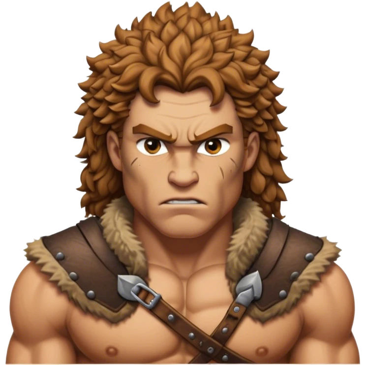 Cinematic Realistic Barbarian Hercules Portrait emoji, depicted as a fierce Greek hero with the chiseled features of Michelangelo's David. His light tan, sculpted skin glows with timeless strength, and his thick, curly, golden brown hair cascades in wild, untamed curls reminiscent of a warrior’s mane. Instead of a flowing white robe with golden accents and a laurel wreath, he wears rugged, weathered leather and fur garments—a tattered, fur-trimmed cloak draped over broad shoulders and a simple circlet forged from iron and bone. His intense, determined eyes exude savage nobility, all rendered under dynamic natural lighting with a mythic, raw, radiant glow. emoji