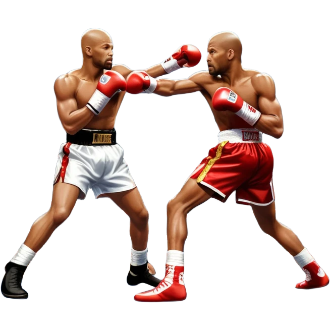 An iconic boxing match between Roy Jones Jr. and Bernard Hopkins in the ring. Jones is delivering a powerful right hook, while Hopkins counters with a defensive block. The background shows a packed arena, with bright lights illuminating the intense action. Transparent background  emoji
