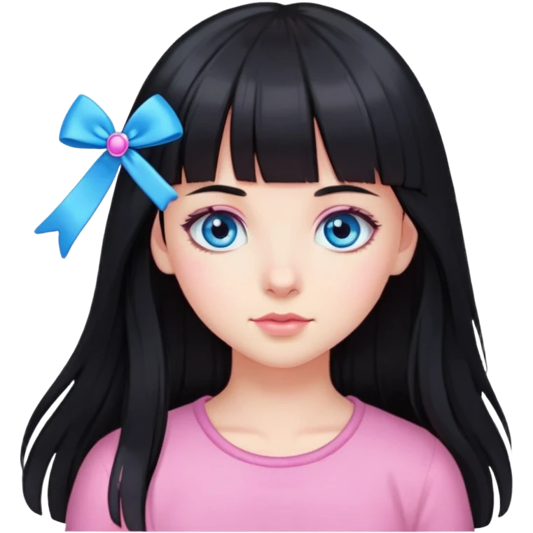girl with long black hair and bangs blue eyes and hairclips in pink emoji
