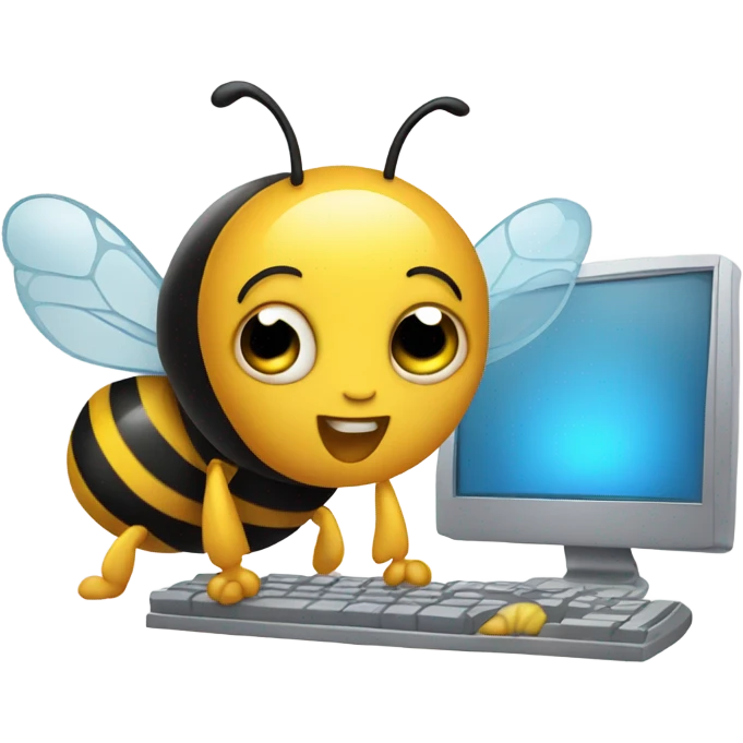 bee typing on computer with cute face emoji