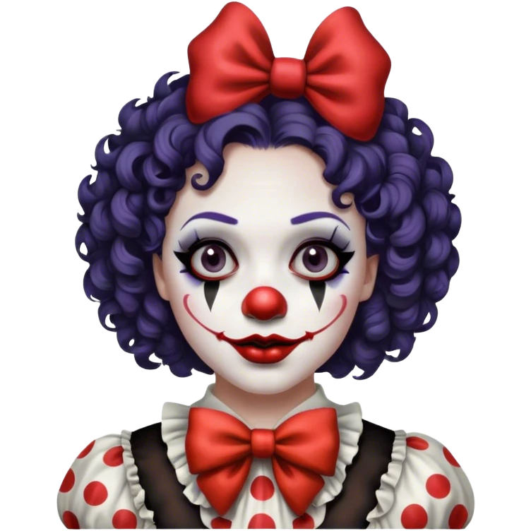 A very dark make-up clown, white woman, curly short hair with a bow in her hair  emoji
