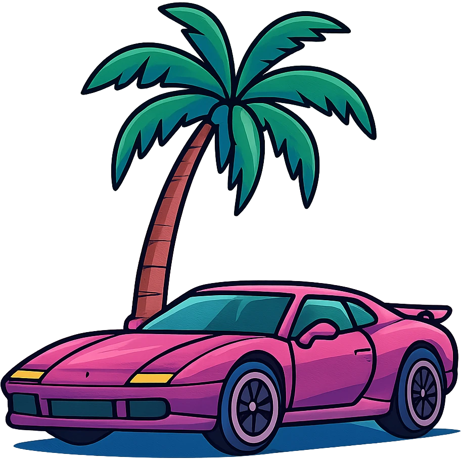 flat toon style GTA 6 inspired sports car and palm tree, no text emoji