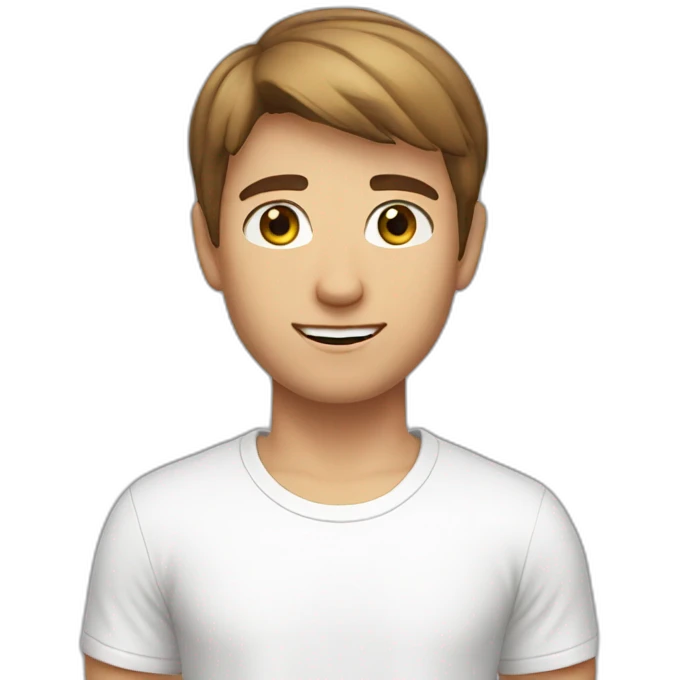 a young man white shorter brown hair and brown eyes wearing a white t-shirt emoji