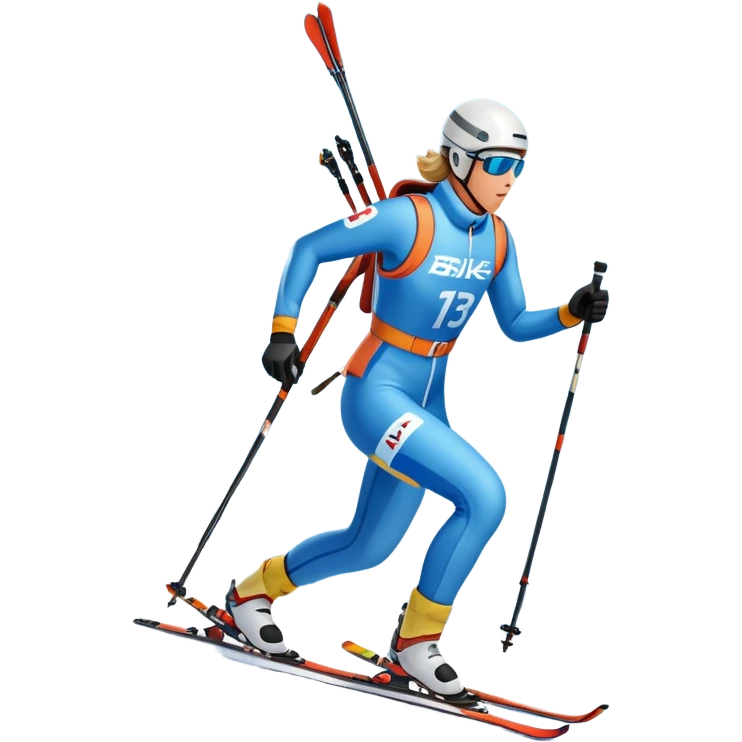 An icon featuring a biathlete in motion, holding a rifle and skiing across a snowy course. The backdrop includes snow-covered trees, distant mountains, and a clear blue sky. Transparent background highlights the precision, endurance, and excitement of biathlon. emoji