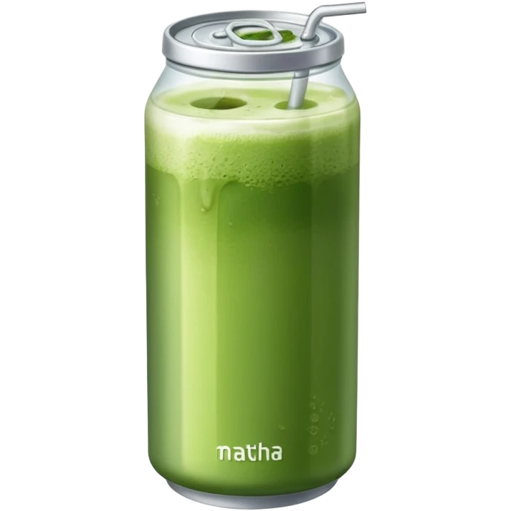 Create an emoji-style illustration of a tall, transparent can-shaped drink filled with iced matcha. The top is sealed with a silver metal pull-tab lid. The drink has a green matcha layer on top that gradually fades into a milky white layer at the bottom. The can is sleek and minimalist. emoji
