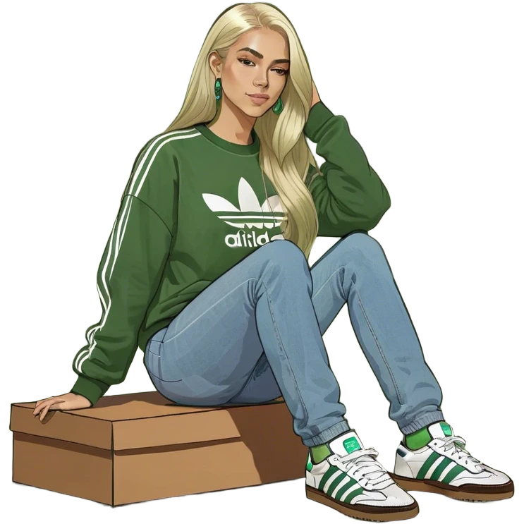 Girl with very long whitish blonde highlighted hair parted down the middle wearing denim jeans and adidas samba og sneakers with a brown sweatshirt emoji
