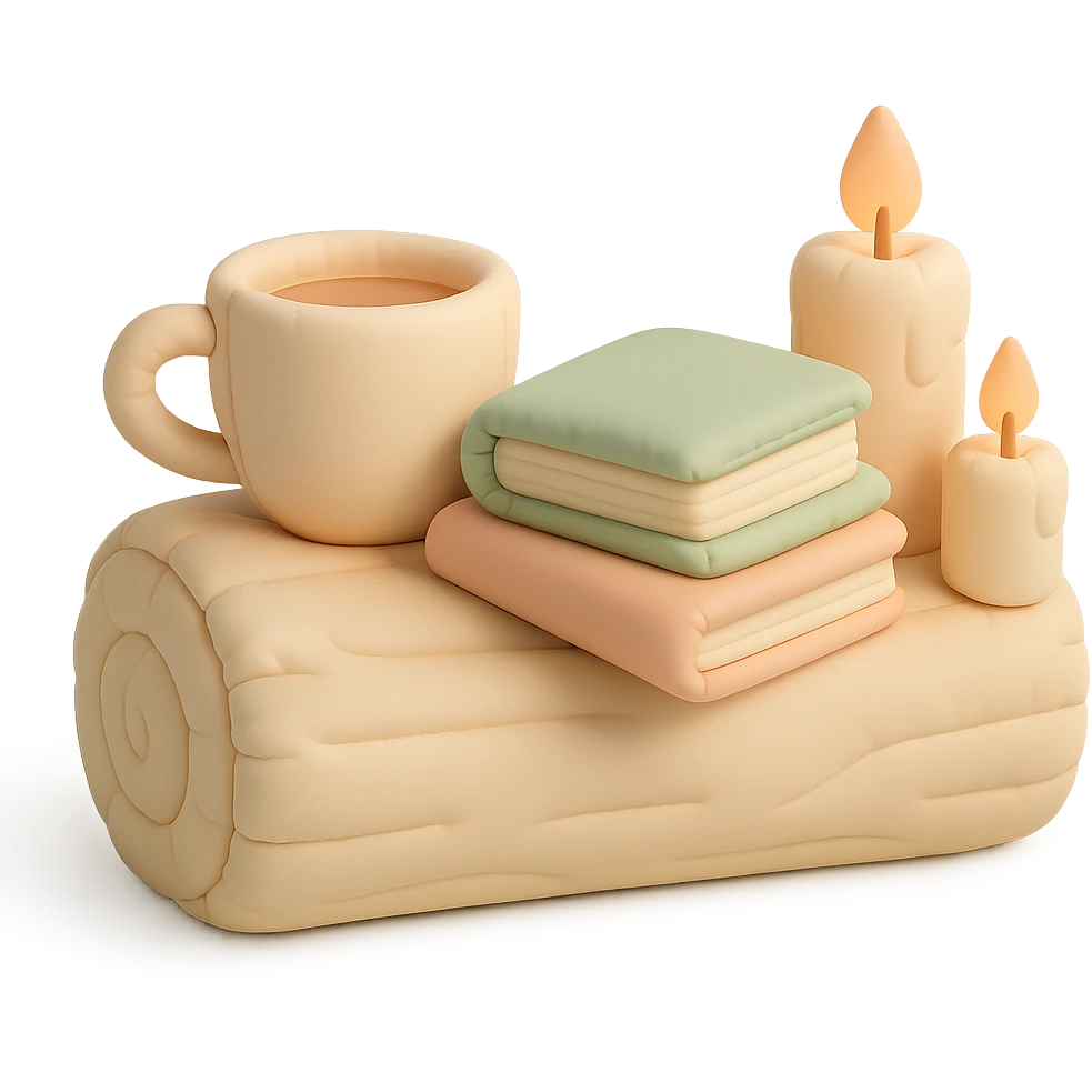 a log with tea, books, and candles, soft forest journaling mood, soft pastel colors, cushion style emoji