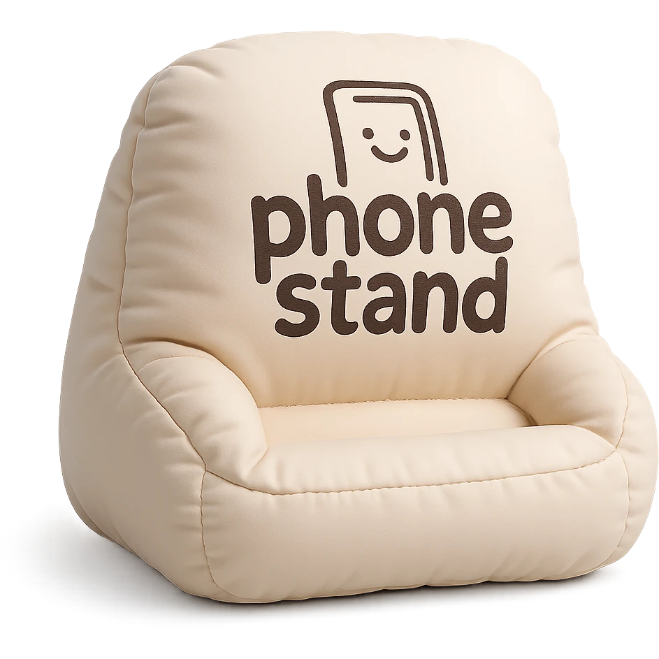cute hand-drawn logo on a soft cushion-shaped phone stand, playful branding gadget emoji