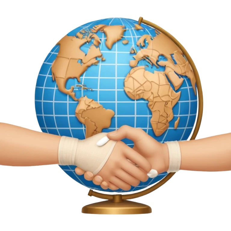 instead of two hands holding a globe, we have two hands handshaking in front of a globe. And in the background, we can see that the globe has a bandage or something. THE GLOBE HAS THE BANDAGE NOT THE HANDS emoji