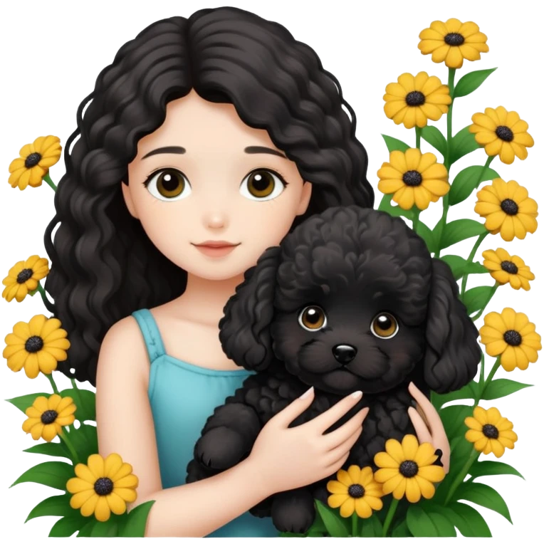 A long-haired girl holding a black maltipoo puppy in the flowers emoji