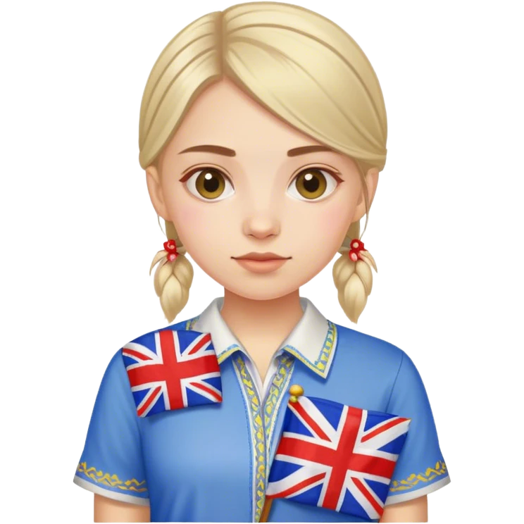 A Ukrainian girl wearing an embroidered shirt and a British flag emoji