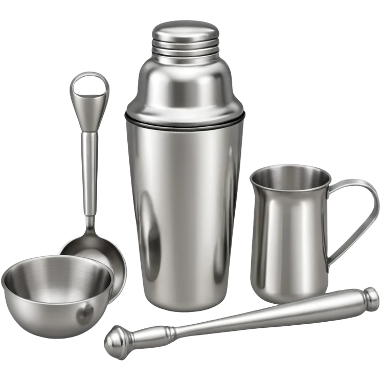 A metal shaker set including a shaker, jigger, and muddler neatly placed on the counter.
 emoji