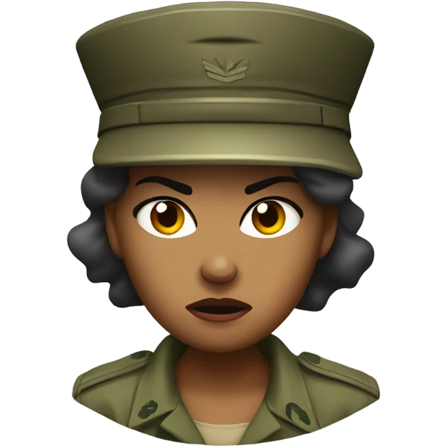 a female drill sergeant showing full torso wearing a classic sergeant hat and a camouflage army shirt. The character should have an angry intense expression.  emoji