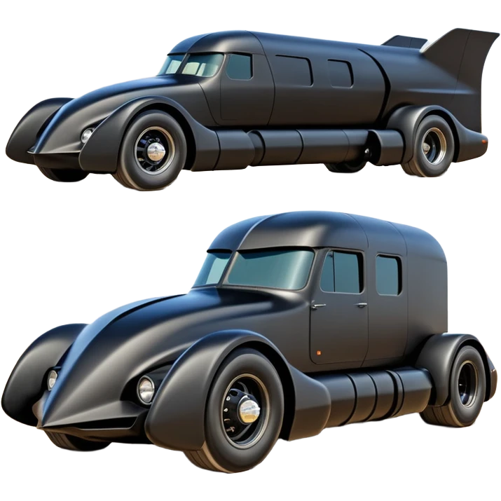 futuristic Batman’s Venomobile  loosely based on 1956 freightliner semi (flat long straight organically-shaped mechanical roomy interior seating inside the body) stealthy town hot rod desert dirt racing rwd buggy  emoji