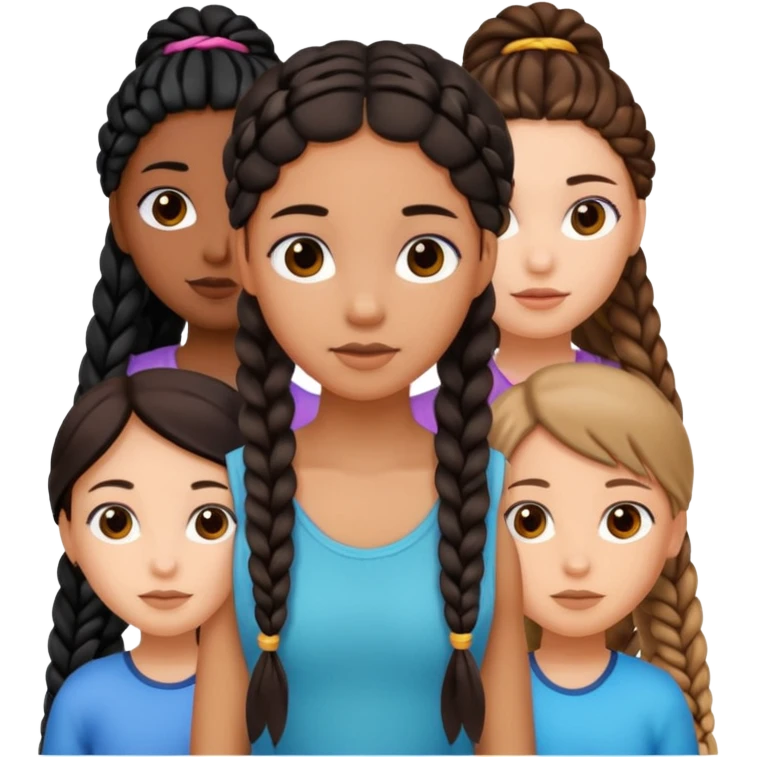 a trio of girls. one girl black with a bunch on long braids. one girl black with 2 long braids. and one tan girl with brunette hair emoji