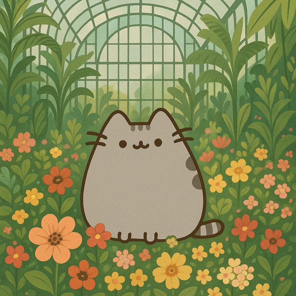 pusheen cat surrounded by flowers in a botanical garden greenhouse emoji