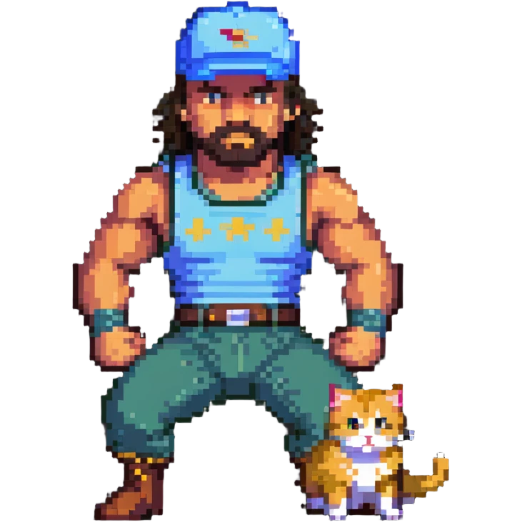 Razor Ramon from Sega WWF Mania video game defeating a cat wearing a cap, 16-bit style emoji