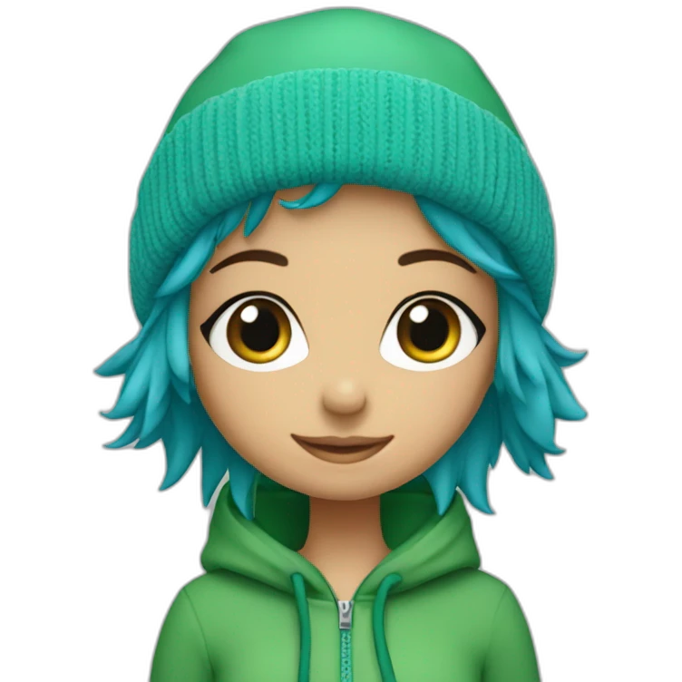 blue haired green eyed girl wearing bobble hat and green zip hoodie emoji