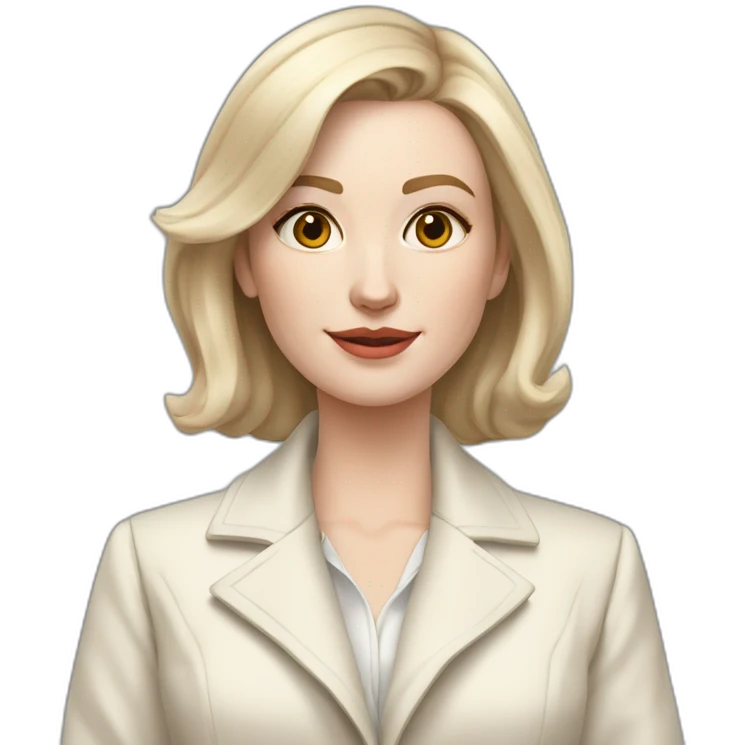 pale skin woman with ash blonde Straightened bob Hair, White Spacious classical jacket, beige palazzo Arrow pants and gray blouse holding a MacBook in the hands emoji
