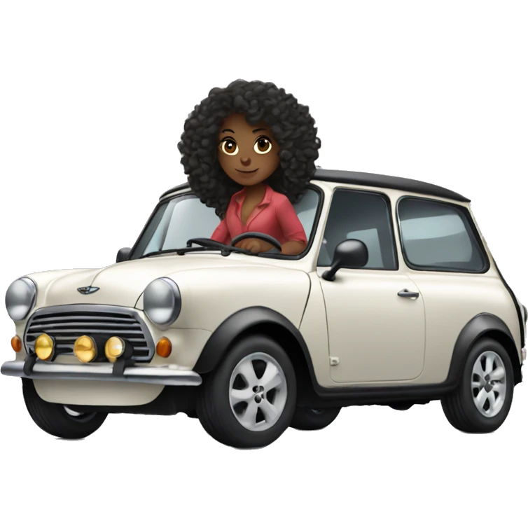 Long curly hair black girl driving Mini Cooper emoji