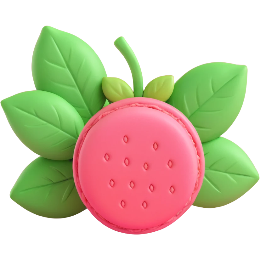 A strawberry macaron with a green leaf on top, in 3D iOS style, pastel pink and green colors, soft shadows, clean and minimalistic design emoji