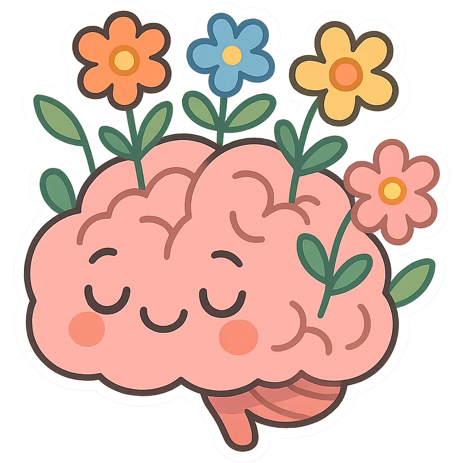 brain with blooming flowers, symbolizing harmony and mental health, pastel toon style, clear contours, soft shadows and highlights, transparent background, white outline emoji