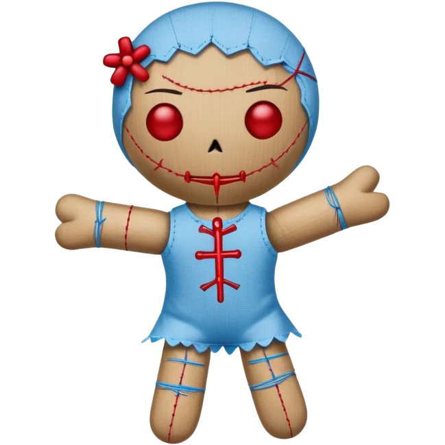 A voodoo doll made of fabric with Carolina blue (light blue) body and red stitches, with pins stuck in it emoji