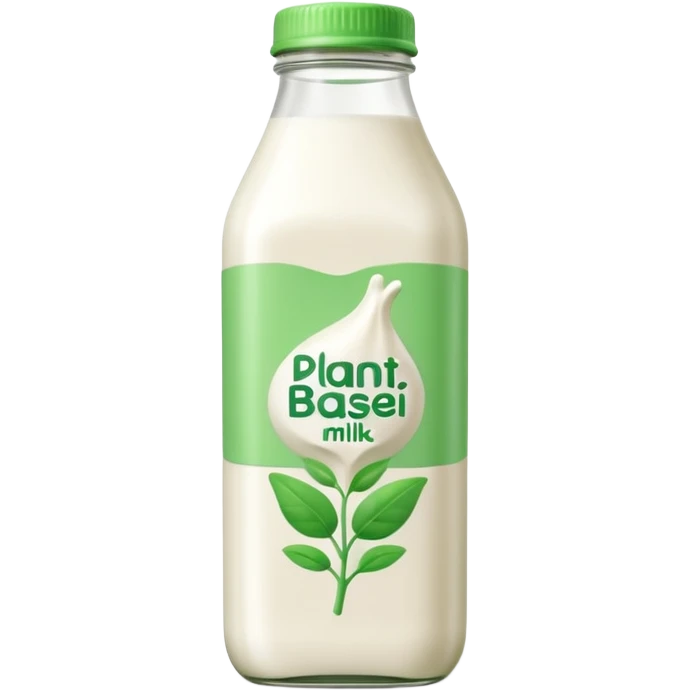 A 3D cartoon bottle of plant-based milk identical to dairy milk, small green tint or leaf mark, Memoji-style. emoji