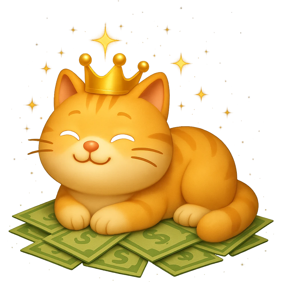 A very cute cat with a crown, lying on greenish light green money, with glowing sparkles and shiny dust around for extra decoration, in 3D emoji style. Transparent PNG background. emoji