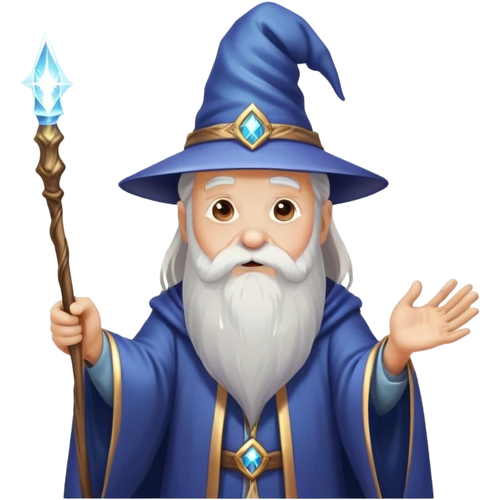 old man wizard with a beard casting a spell with a wand with sparkles and magic emoji
