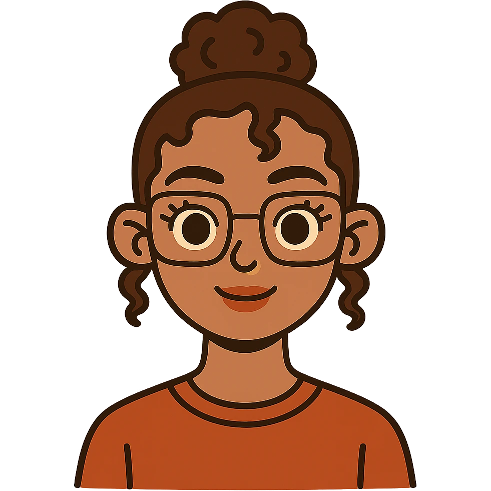flat-toon style 23-year-old girl with square thin glasses, brown curly hair in a high bun, big eyes and lashes, small nose and mouth, thin hoop nose piercing emoji