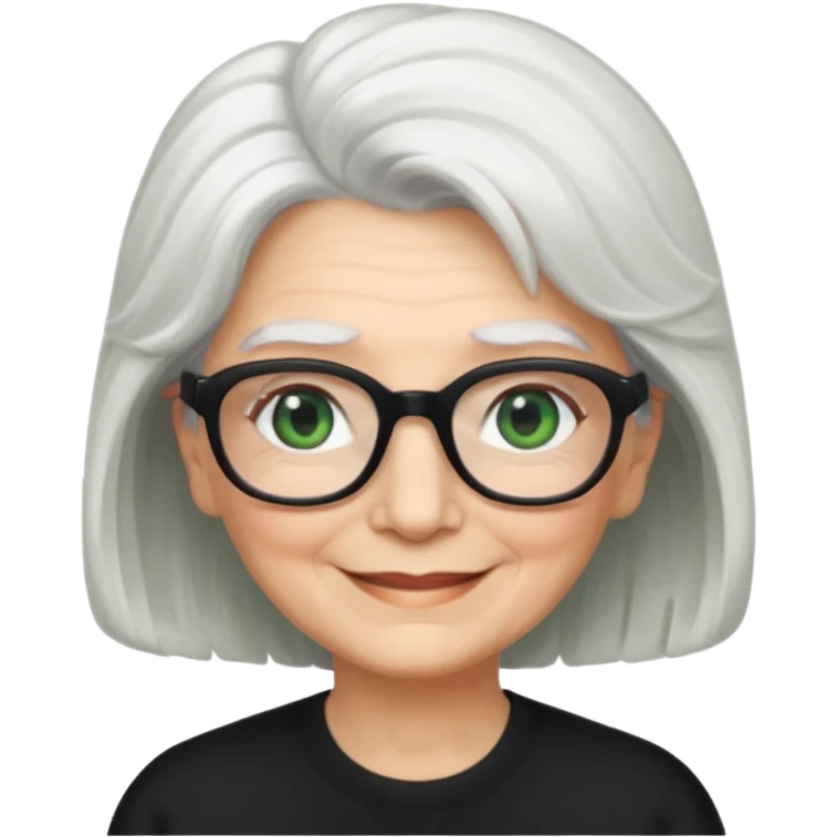 White hair grandma, green eyes, hair to shoulder, lokeg black glasses, rectangles face, smile , emoji