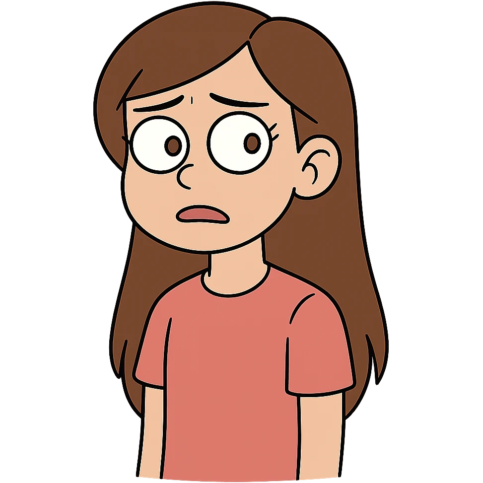 niña de 12 años con pelo largo castaño, ojos marrones claros, cejas marrones, pestañas negras, nariz mediana y labios medianos rosas emoji