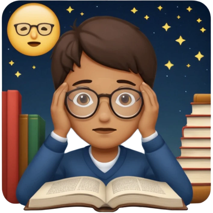 a tired person infront of a book learning in the middle of the night emoji