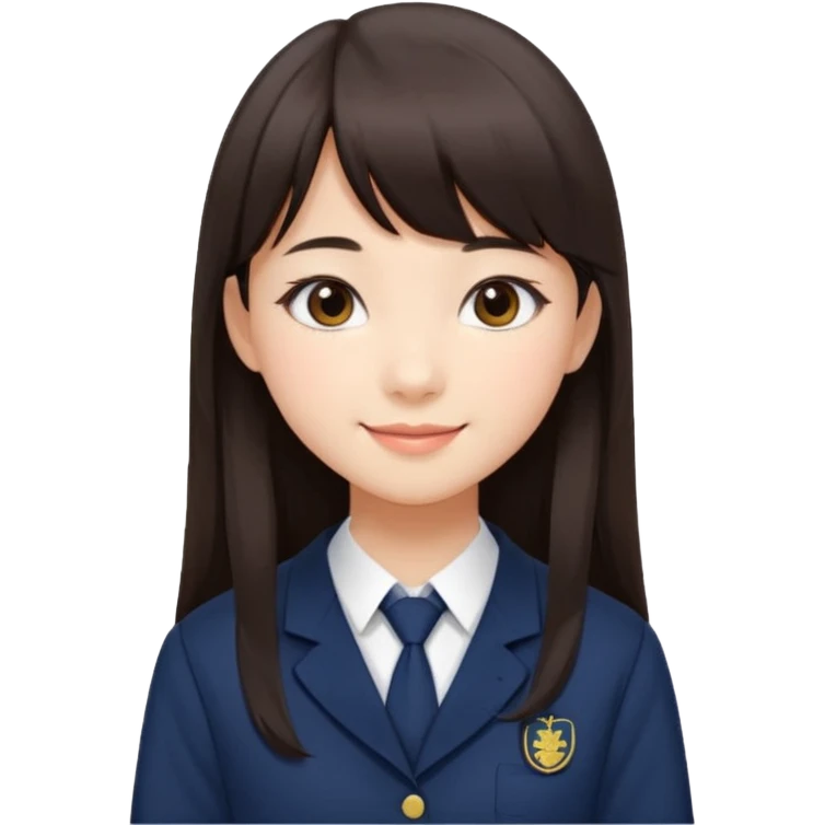 Pretty student with dark brown bangs and long straight hair, elegant school uniform, natural makeup, charming smile emoji