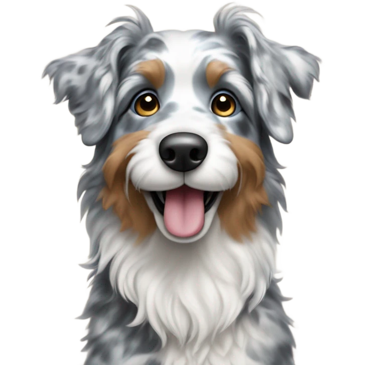 Blue Merle doodle with white only around the nose looking happy emoji