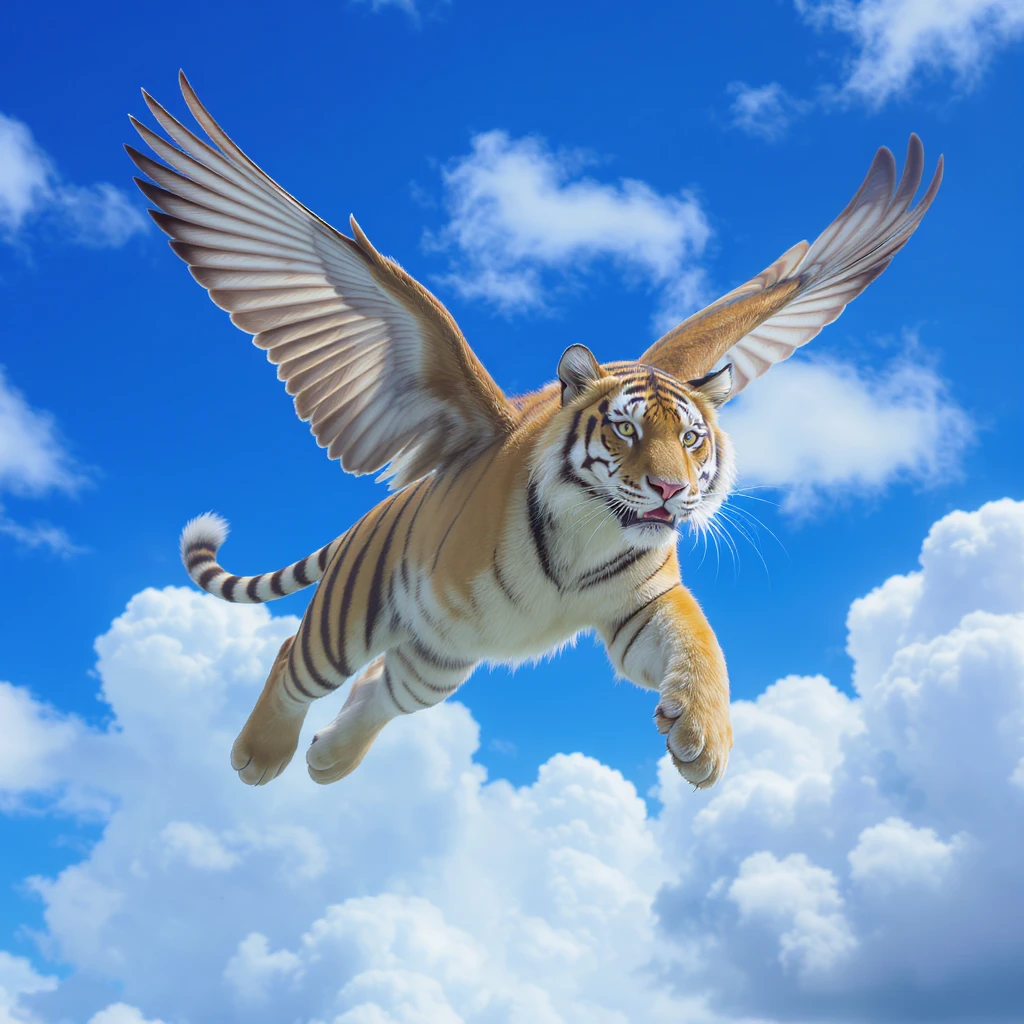 Tiger with wings and corwn flying around clouds, blue solid color, with cinematic blur emoji