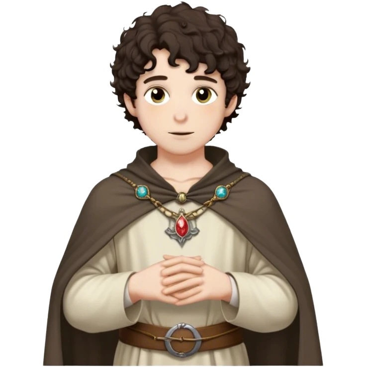 medieval spring outfit worn by a DnD themed fantasy male character. thin wool tunic with a light cloak draped over one shoulder, secured by a wooden brooch. clothes only above the waist. The clothes full waist. The character's haven't arms. character is white-skinned, dark brown hair, hazel eyes, short curly hair. emoji