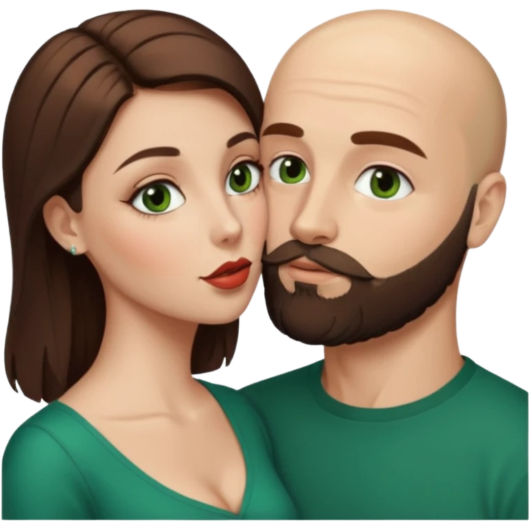 Man beard bald white dark green eyes, woman medium hair brown brown eyed latina kissing emoji