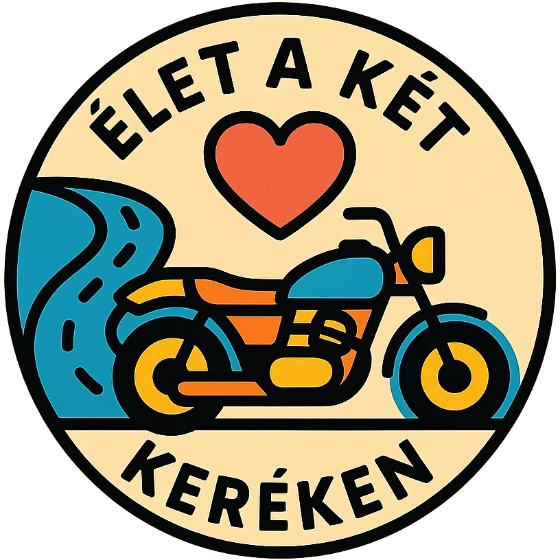 circular motorcycle cap design with the Hungarian phrase 'Élet a két keréken', featuring motorcycle motifs like motor, road, heart, life-affirming style emoji