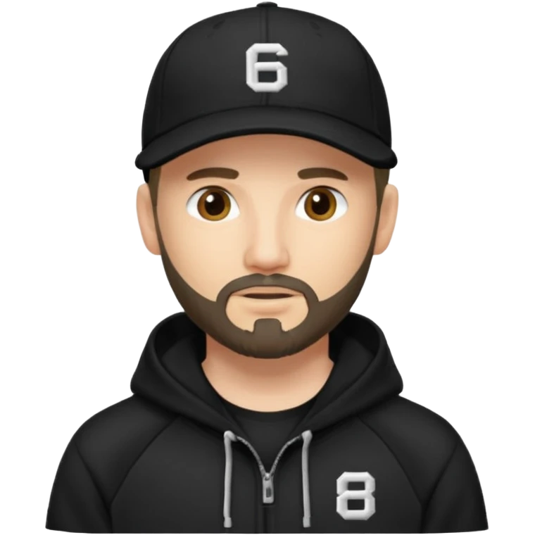 Hombre con la cara borrosa, con barba fina y perilla, gorra negra de baseball bordada con un 08, y sudadera negra emoji
