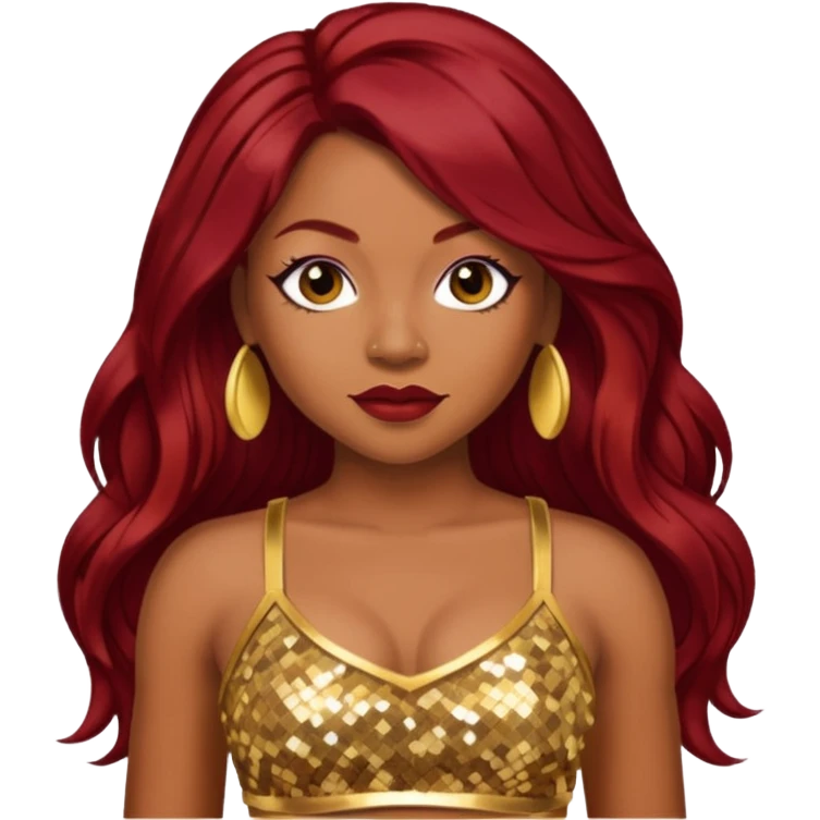 LaTavia Robeson with long dark red hair, gold sequin crop top  emoji
