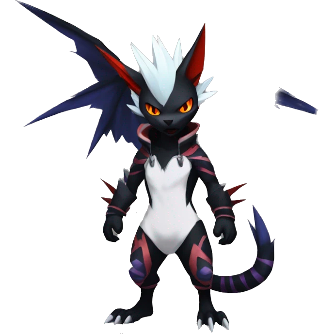 Cool Anthro Black Noivern-Absol-Litten-Pokémon with edgy stripes hoodie spiked collar punk Full Body emoji